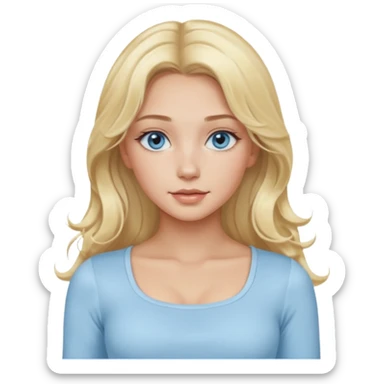 pretty girl blonde soft wavy long hair middle part makeup light baby blue skin tight square neckline long sleeve top sticker