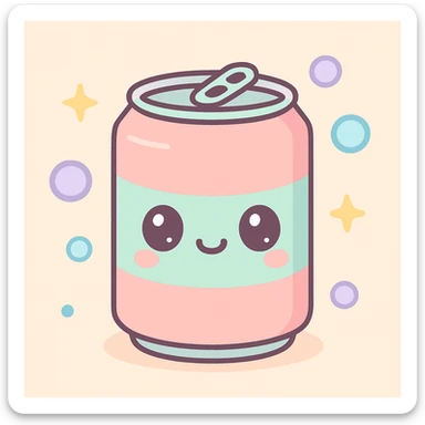 kawaii style soda can with a smiling face, pastel colors, and bubbles around it sticker