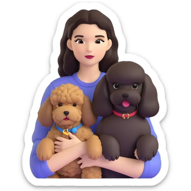 Kendall Jenner with long dark hair holding a brown poodle and a black schnauzer sticker