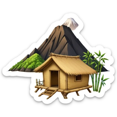 bamboo hut with volcano in the back in Volcano Island  sticker