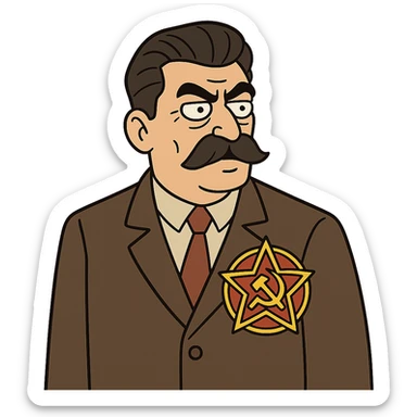 A cartoon image of Joseph Stalin wearing a suite with a large communist party badge sticker