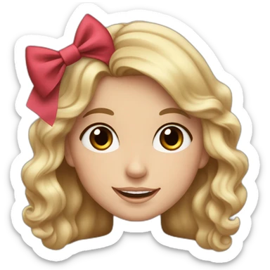White girl, with wavy hair and two bows on top with two bows. Dark brown eyes and dimpled smile sticker