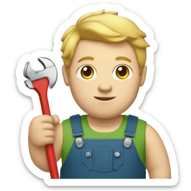 fat boy with light skin, dark eyes, light hair, holding a wrench sticker