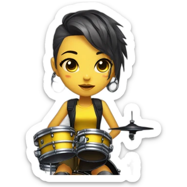 cute punk girl in yellow dress dark skin with yellow eyes and dark curvy hairs drummer anime style sticker
