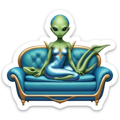 a reptilian green alien woman, in blue gold silver dress , lie on couch comfy, full figure sticker