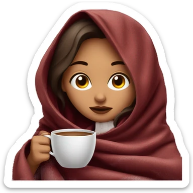 Brunette girl inside a maroon blanket sipping coffee eyes closed sticker