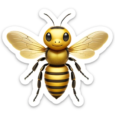 Cinematic Noble Bee Portrait Emoji, Poised and industrious, with a compact, fuzzy body in golden-yellow hues, delicate translucent wings, and a focused, determined expression with sparkling eyes, Simplified yet sharp and sophisticated features, highly detailed, glowing with a soft, sunny radiance, high shine, intelligent and diligent, stylized with an air of natural elegance, focused and alert, soft glowing outline, capturing the essence of a watchful bee that appears ready to buzz out of the screen with effortless authority! sticker