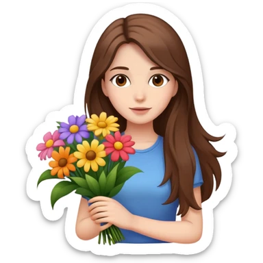 Cool girl with long brown hair and fair skin holding a bouquet of flowers sticker