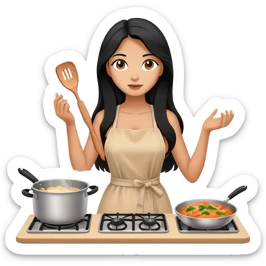 cooking, black long hair tanned woman, nude color dress sticker