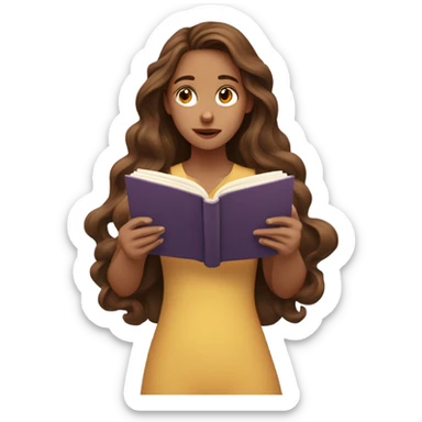 Girl with long brown wavy hair , read a book, and her face expression is thinking and there are questions mark above her head sticker