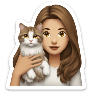 Woman with brown long hair holding a white Siberian cat sticker