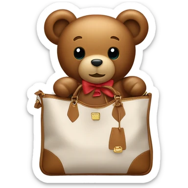 teddy bear wearing a louis vitton bag with a bow on it thats too big for him sticker