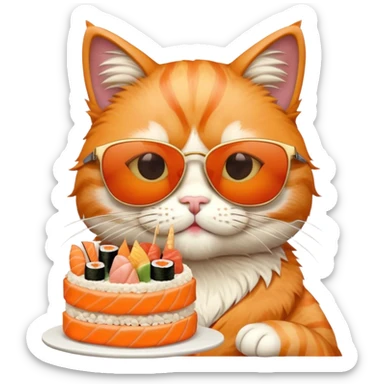 cool cat wearing sunglasses eating a birthday cake made out of sushi sticker