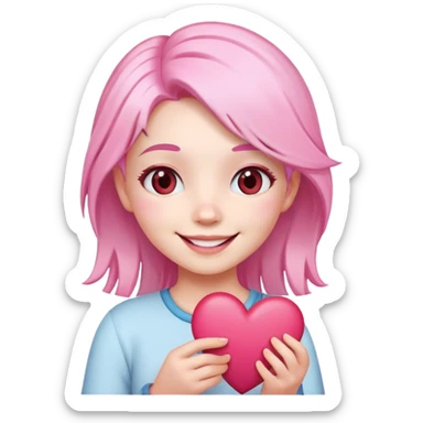 girl with pink and white hair, smiling, holding a heart, emoji style sticker