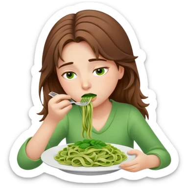 Brown haired girl eating green pasta dead asleep sticker
