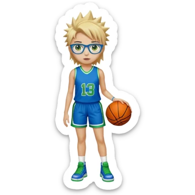 Full Body white plus size Girl with basketball spikey short brown and blonde hair  wearing blue glasses with green eyes wearing blue and green basketball uniform sticker