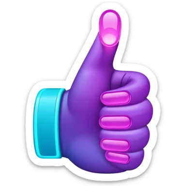 futuristic glowing thumbs up, neon purple and cyan light, dark background, digital tech style sticker