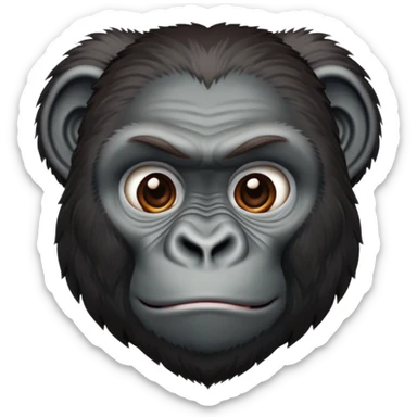 Gorilla face, realistic primate features, dark fur, strong brow ridge, iOS emoji style sticker