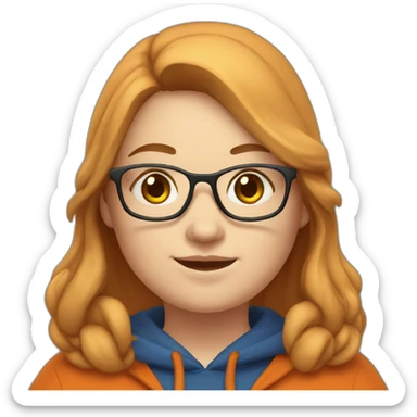 chubby woman with pale skin, with glasses, with long brown hair, wearing a dark orange hoodie, waving sticker