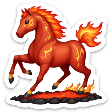 A red fast horse made of embers, magma, and visible lava, with flames burning around it and ash particles floating sticker