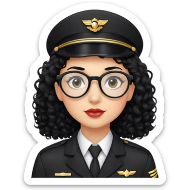 femme pilote d'avion en uniforme noir aux cheveux bouclés noir et petites lunettes arrondis identique avec des cheveux long et la peau légèrement plus claire  sticker