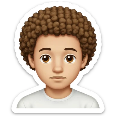 a 17 year old light-skinned boy with slightly brown eyes, small mustache above his lip, very curly hair like a small afro with cut sides, one twisted curl falling on his forehead, wearing a tight white shirt sticker