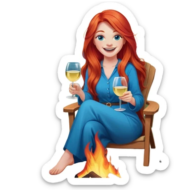 Laughing woman with long red hair and blue eyes holding white wine sitting in chair beside fire pit sticker