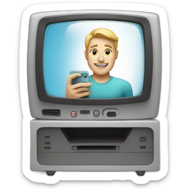 a man whit White skin looking a phone in front of a modern television sticker