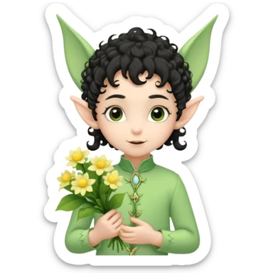 Tiny elf baby black curly hair with pointy ears and hat, pastel green outfit, hold flowers sticker