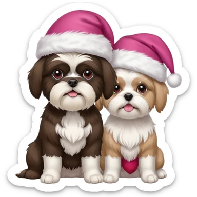 two dogs one little white all over shih tzu dog with pink santa hat and one mostly white with black havanese dog wearing a red santa hat sticker