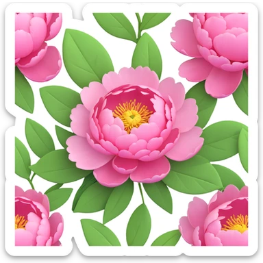A pink peony flower in 3D iOS style with green leaves, detailed petals, and a soft, vibrant color scheme. sticker