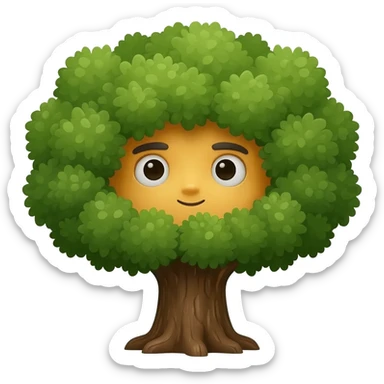 Yellow emoji face with Innocent eyes stand behind a big tree and sneakily peeking with only eyes and forehead showing sticker