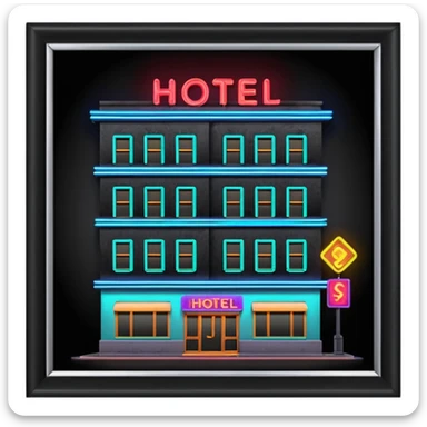 Hotel barato con letrero de neón en la fachada. sticker