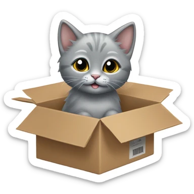 The grey kitten is in the cardboard box fo sticker