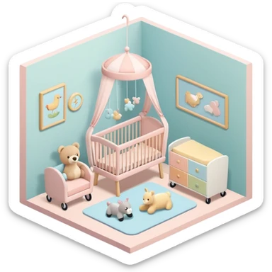 isometric baby room, Nursery with pastel walls and hanging mobile sticker