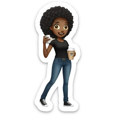 African American female talking on cellphone and holding a coffee wearing black shirt and jeans full length chibi sticker
