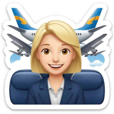 

:a happy confident student after IELTS, traveling abroad, airplane, university, freedom, smiling

Style: emoji, clean, simple, white background. sticker