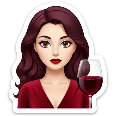 Confident woman with luminous skin, elongated face, defined features, dark almond eyes with dramatic eyeliner, thick eyebrows, straight elegant nose, full bright red lips, voluminous dark hair with soft waves, wine red velvet V-neck dress sticker