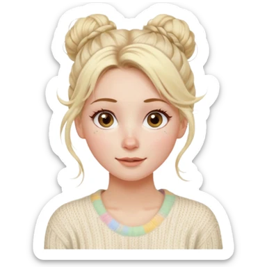 blonde hazel eyes woman with a white cable knit sweater and one messy bun with tendrils of hair flowing down her face and she is happy pale, some freckles, blush. she has a cateye wing and long lashes sticker