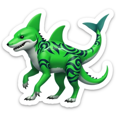 Edgy cool badass Neon-green landhai-sergal-canine, with a shark tail, with black and dark-green swirly patterns markings sticker