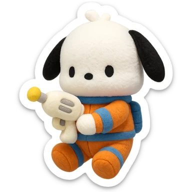 Pochacco holding a soft toy laser gun, white with black ears, wearing an orange and blue space suit, plushy Popmart doll style, playful and adorable sticker
