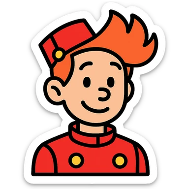 Spirou character as a color outline icon with black outlines and flat color fills, modern icon style sticker