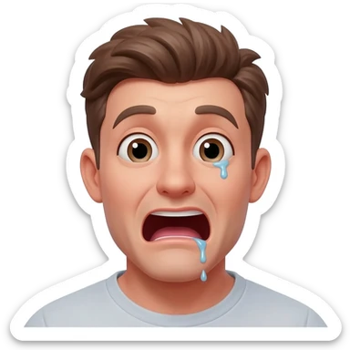 Blushing thirty year old guy with mouth wide open and drooling from one side of his mouth and and tear in one eye sticker