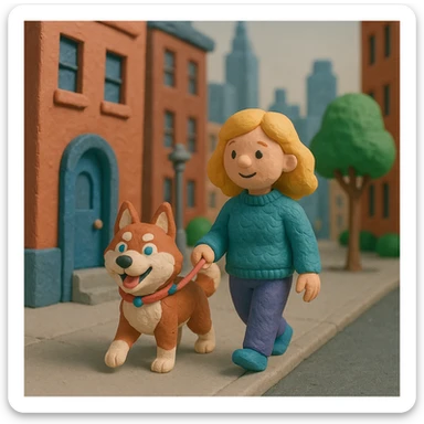 Cute Blonde woman wearing a sweater walking a happy red-brown blue-eyed Siberian husky in New York City on an upper east side city sidewalk  sticker