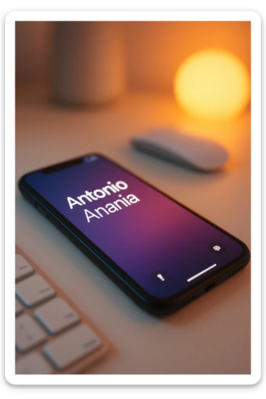 A photo of an iPhone on the desk with the message "Antonio Anania" on its screen, The phone sits atop a desk with a blurred background that suggests work environment. A faint glow from above casts gentle shadows across the surface of each object, creating depth and highlighting their textures sticker