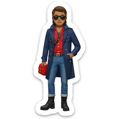 Man with long brown hair, brown goatie, sunglasses, wearing red button up shirt with a sling horizontally across the torso, wearing a black trenchcoat, blue jeans, long black military boots, red fingerless gloves, green backpack sticker