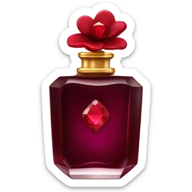 Dark red royal perfume bottle with red violets and a ruby gemstone sticker