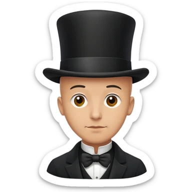 bald man in jacket indoors with top hat sticker