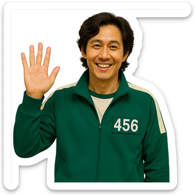 Edit the main character from Squid Game series in green tracksuit with number 456, smiling and waving. Keep the original style and minimal background. Remove the background entirely. sticker