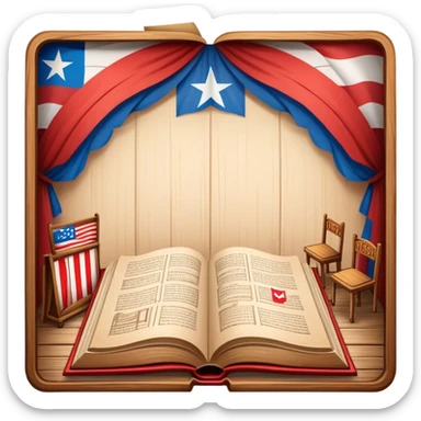 Timeless open book with visible pages of hand-drawn theater backdrop sketches, stage layouts and set designs, Puerto Rican flag motifs integrated throughout, wooden cover with theater symbols, warm light sticker